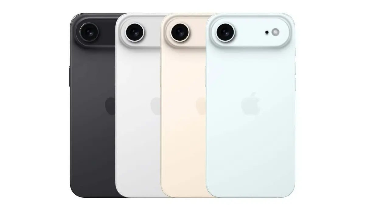 iphone Air details with four colors lineup black white light gold and light blue shown side by side