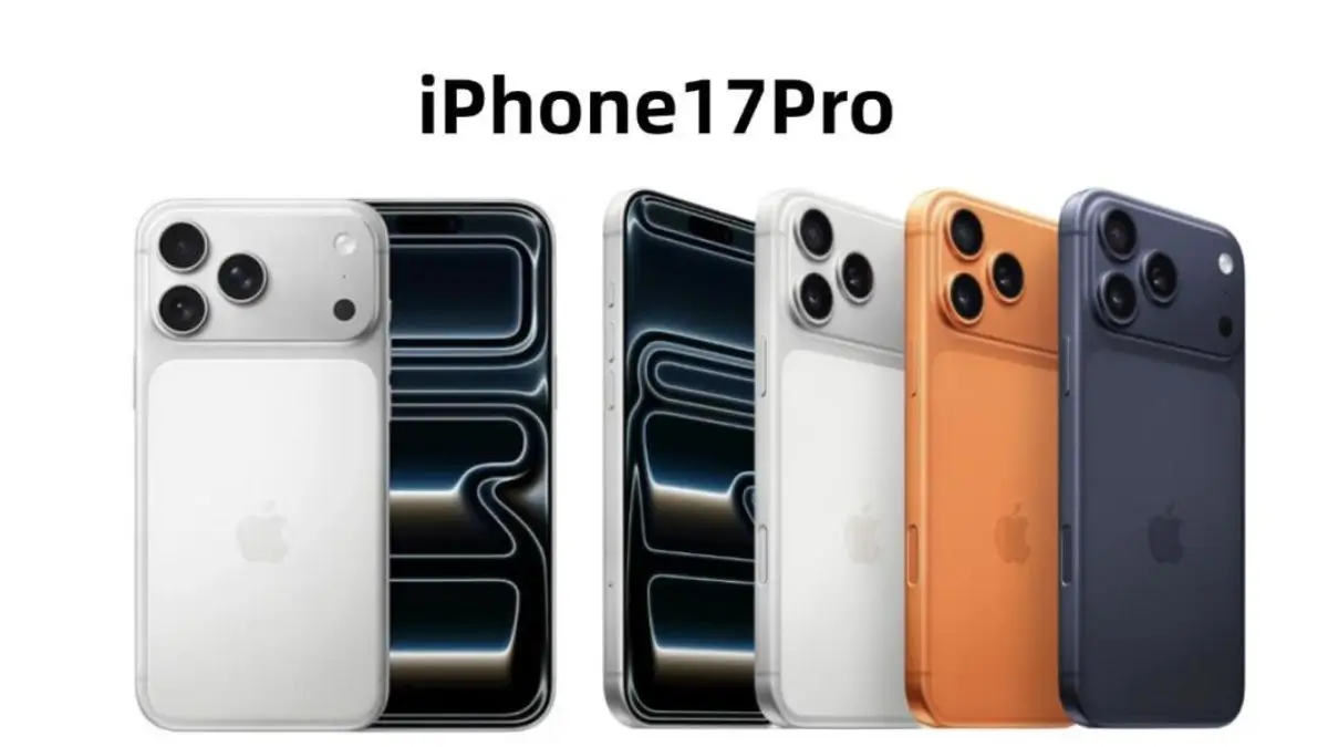 iPhone 17 Pro Full Phone specifications with Silver, Orange, and Blue color options shown front and back