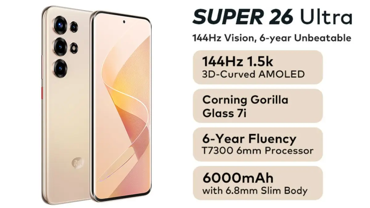 itel Super 26 Ultra gold color showing punch-hole screen and camera island close-up