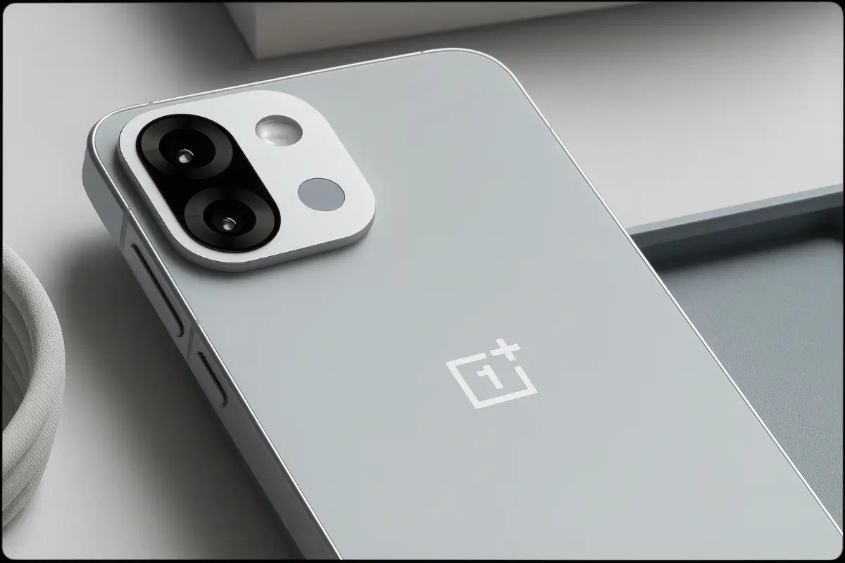 Close-up shot of a silver OnePlus 15T smartphone