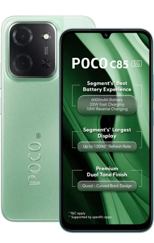 POCO C85 5G smartphone showing front and back design with 6000mAh battery, 120Hz display, and premium dual-tone finish.