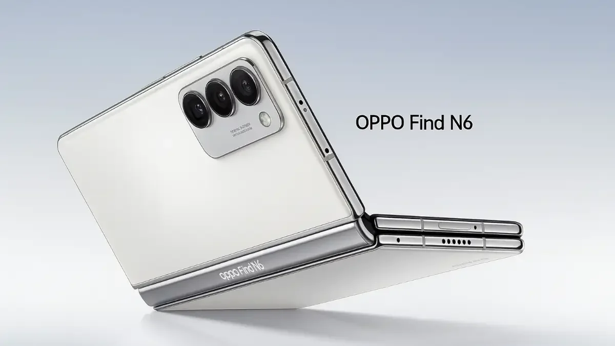 OPPO Find N6 Fold concept image showing ultra-thin foldable design with triple rear camera and premium hinge