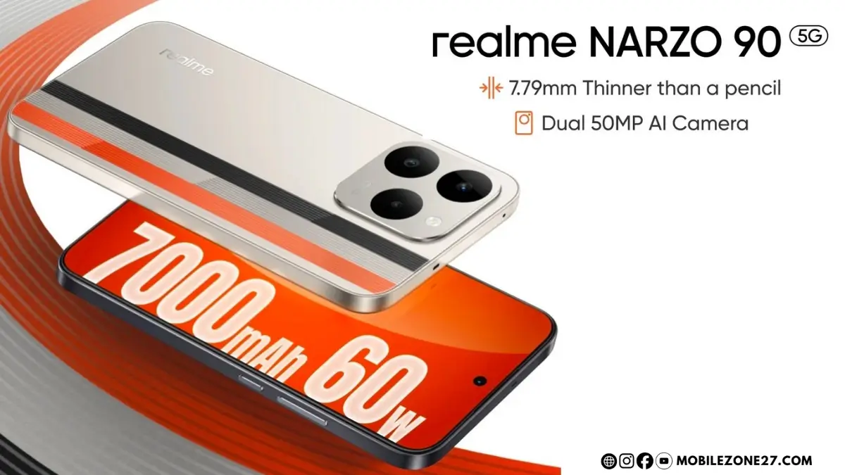 Realme Narzo 90 5G design showing 7000mAh battery, 60W fast charging support and dual 50MP AI camera, Realme Narzo 90 Price in India starts at ₹15,999
