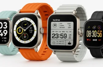 Realme Watch 5 showcased in multiple color options featuring aluminum body and AMOLED display.