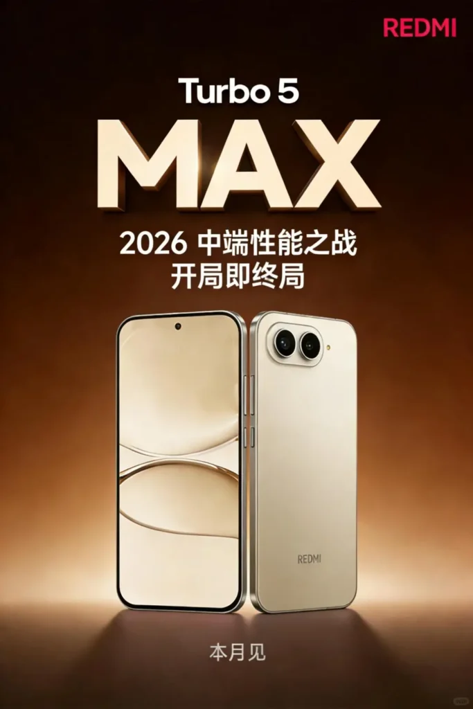 Redmi Turbo 5 Max promotional poster showing front and back design with dual rear cameras,