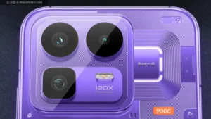 Purple Realme Neo 8 rear design showing triple camera setup, periscope zoom lens, NFC coil and VOOC branding