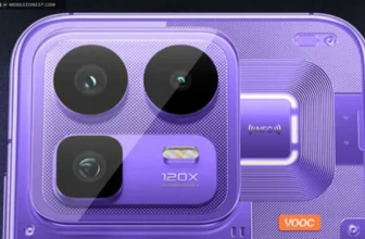 Purple Realme Neo 8 rear design showing triple camera setup, periscope zoom lens, NFC coil and VOOC branding