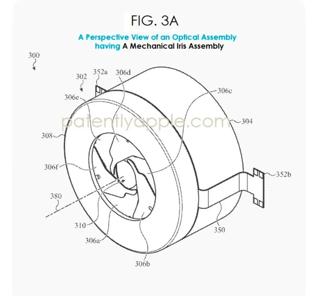 Apple patent diagram showing a miniature mechanical iris assembly with variable aperture design for future iPhone camera modules.