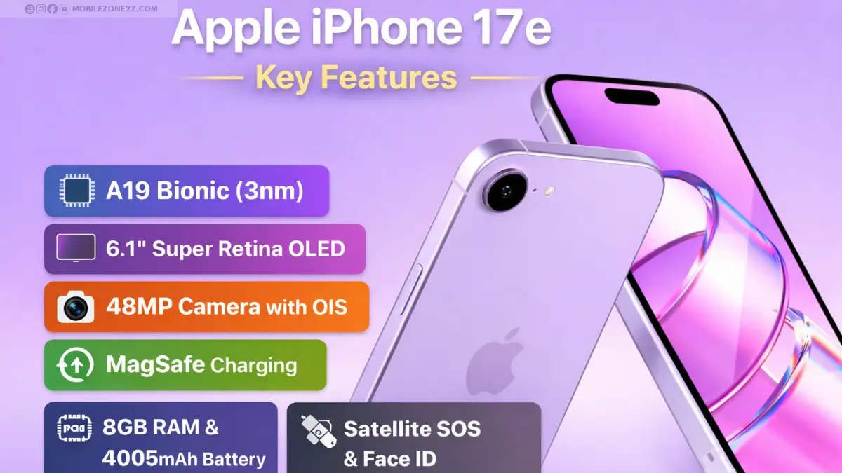 Apple iPhone 17e Specification image showing A19 chip, 48MP OIS camera, 6.1-inch OLED display and MagSafe charging