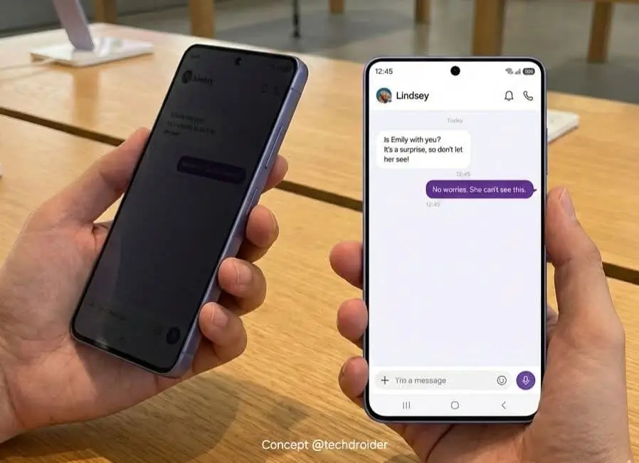 Samsung Galaxy S26 Ultra AI Privacy Display concept showing side-angle darkened screen next to a clear front view during messaging