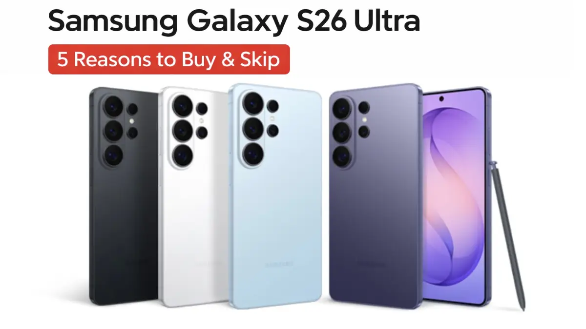 Samsung Galaxy S26 Ultra in Black, White, Sky Blue, and Cobalt Violet colors with S Pen – 5 Reasons to Buy & Skip feature image.
