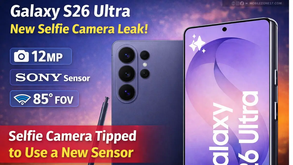 Galaxy S26 Ultra selfie camera leak image showing 12MP Sony sensor and 85° field of view