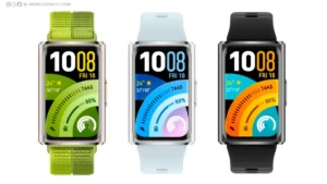 HUAWEI Band 11 Pro design in green, light blue and black with bright AMOLED display and aluminum case.