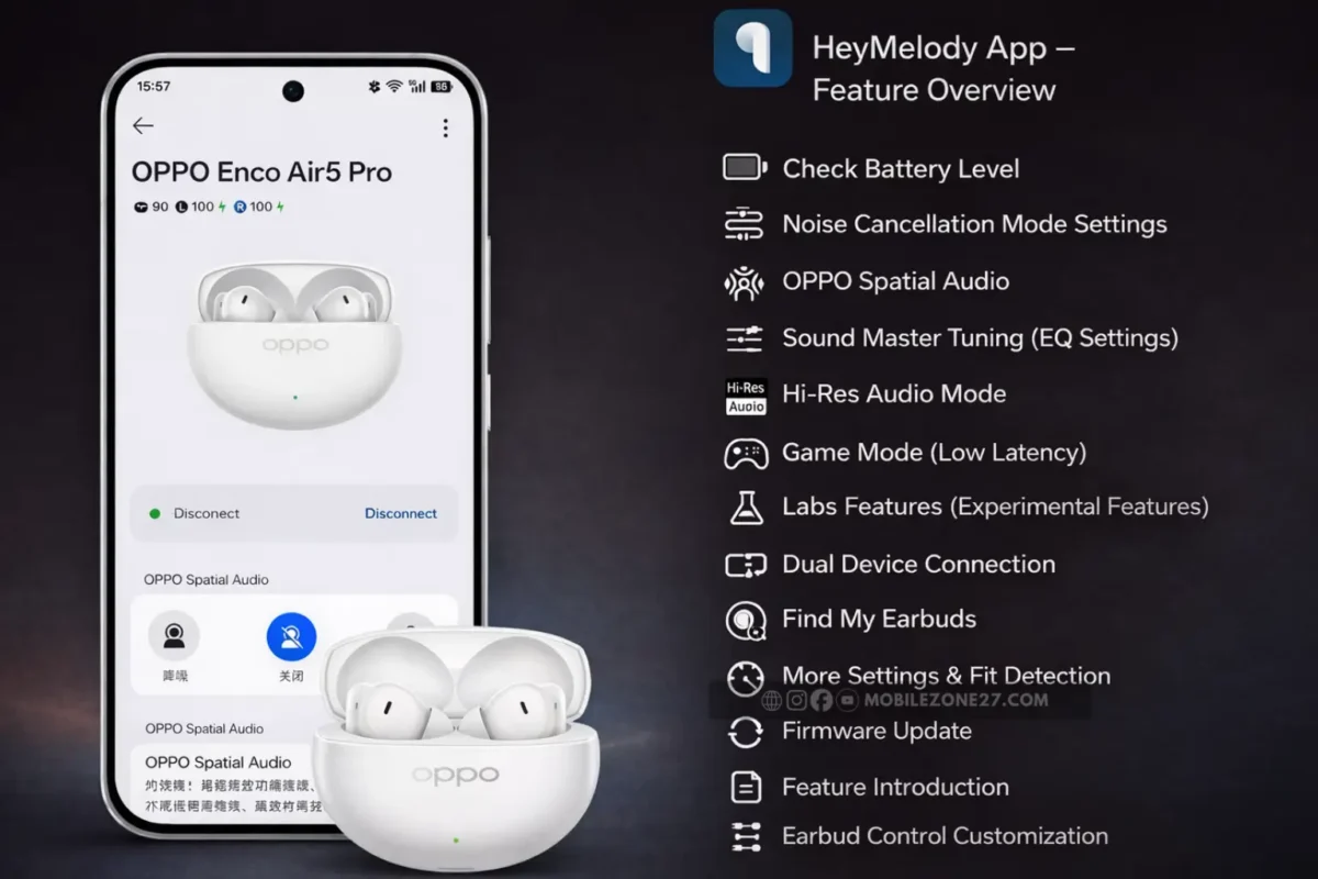 OPPO Enco Air5 Pro connected to HeyMelody app showing battery status