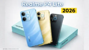 Realme P4 Lite price in India poster showing blue, gold and black color variants with 2026 launch teaser