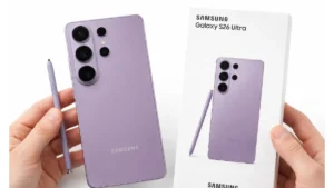 Samsung Galaxy S26 Ultra in lavender color shown from the back with quad camera setup