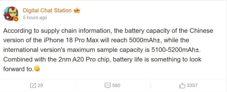 Digital Chat Station leak claims iPhone 18 Pro Max battery may be 5000mAh in China and 5100–5200mAh internationally