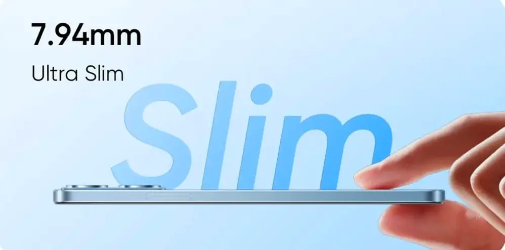Realme P4 Lite slim design teaser showing 7.94mm ultra-thin body profile