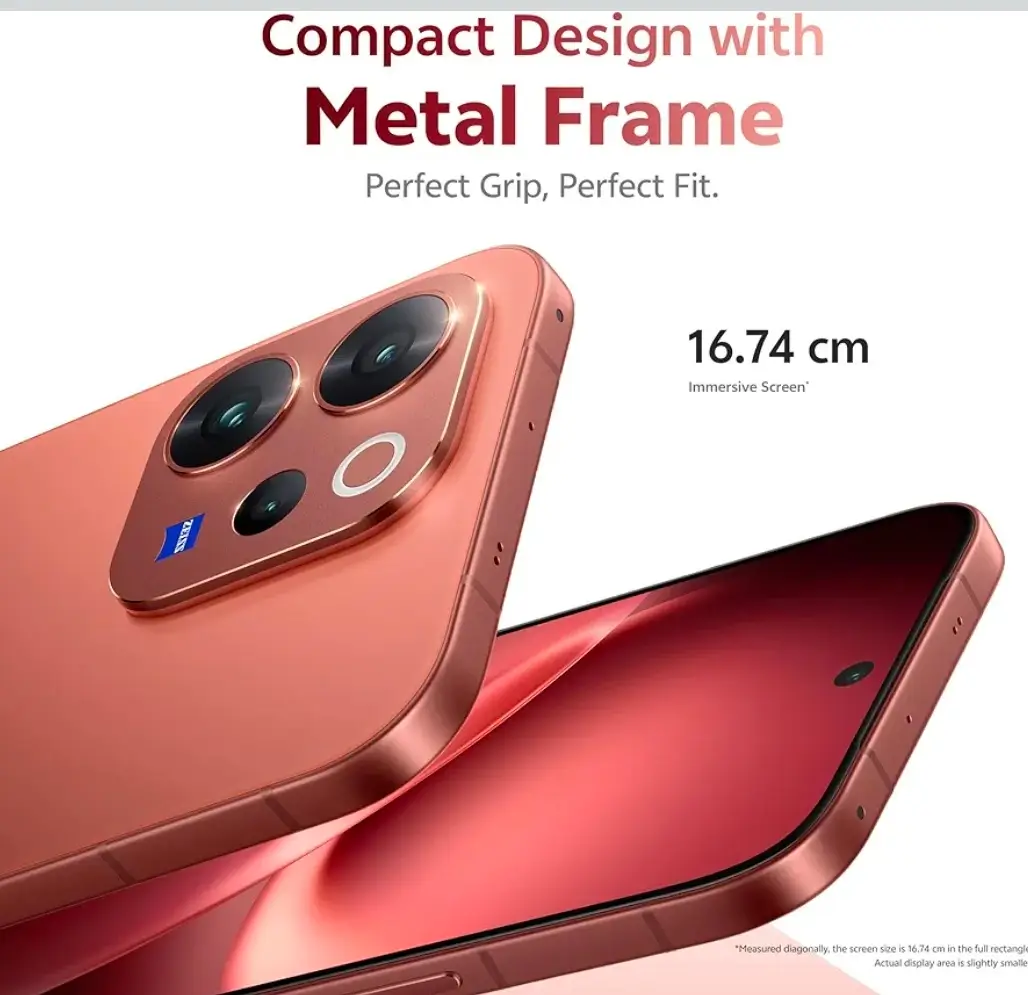 Vivo V70 showing compact design with metal frame and Zeiss camera module