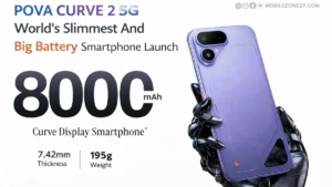 POVA Curve 2 5G launch poster showing 8000mAh battery, 7.42mm slim design and 195g weight