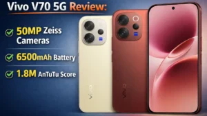 Vivo V70 5G review features image showing 50MP Zeiss cameras, 6500mAh battery and 1.8M AnTuTu score