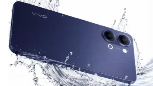 Vivo Y05 Price blue variant rear design with dual camera and water splash background