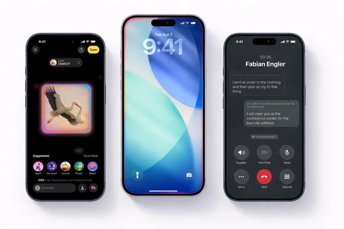 Apple iOS 27 concept showing AI-powered Siri interface, lock screen redesign, and enhanced call screen on iPhone models