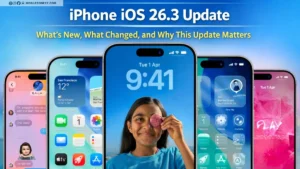 iPhone iOS 26.3 update banner showing multiple iPhones with the title “iPhone iOS 26.3 Update” and key changes highlighted.