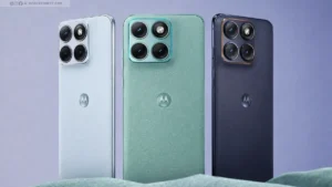 Motorola Edge 70 Fusion Price in India model shown in Pantone Orient Blue, Sporting Green and Silhouette colors with quad camera design and premium textured back finish